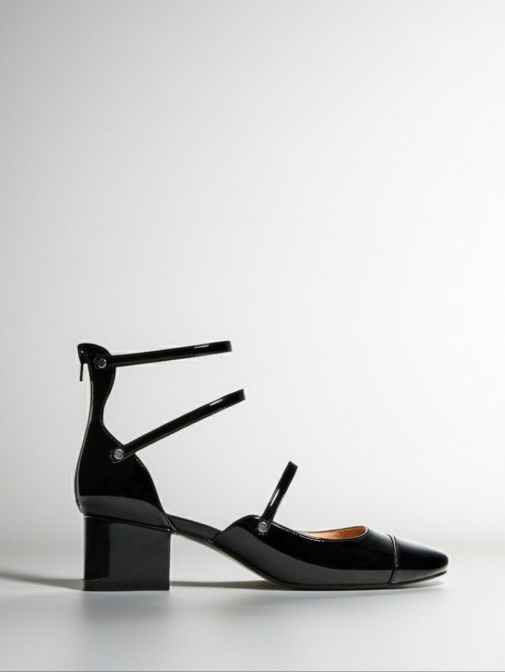 NWT ZARA Black Patent Leather Triple Strap Mary Jane Block Heels Size 9